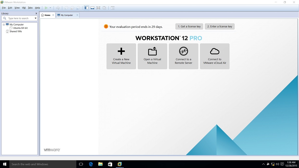vmware workstation 12 pro start screen